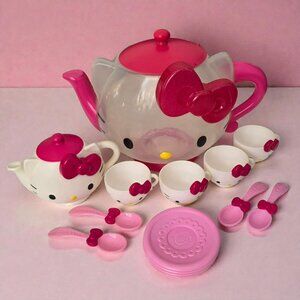 Sanrio Hello Kitty Tea Set Kids Teapot Cups Saucers Spoons Pink Plates Bow Toy